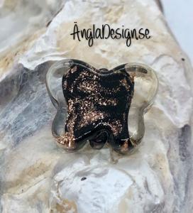 Glaspärla handgjorda lampwork fjäril svart med guld stänk, 1st