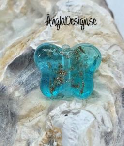 Glaspärla handgjorda lampwork fjäril turkos med guld stänk, 1st