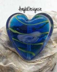 Glaspärla handgjorda lampwork stort hjärta 35mm med ros, blå, 1st
