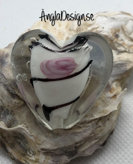 Glaspärla handgjorda lampwork stort hjärta 35mm med ros, vit, 1st