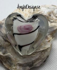 Glaspärla handgjorda lampwork stort hjärta 35mm med ros, vit, 1st