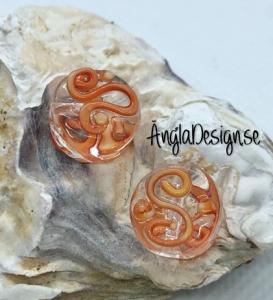 Glaspärla handgjorda lampwork rund platt med s mönster, orangeröd, 1st