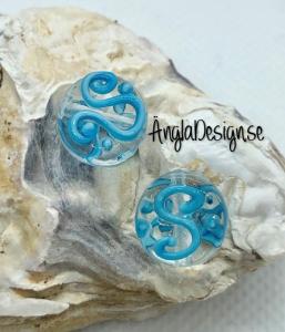 Glaspärla handgjorda lampwork rund platt med s mönster, turkos, 1st