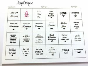 Färdigt textark 20mm, för 24st berlocker, textmix