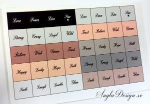 Färdigt textark för 14mm, ordmix, grå/beige, 1 ark