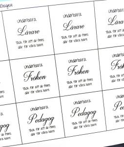 Budskap/texter för 25mm, "fröken, lärare, pedagog, vit 1 ark