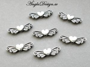 Mellandel antiksilver, vinge med hjärta, 10-pack