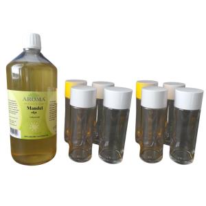 1 liter mandelolja + 8 st glasflaskor + 8 mandel-etiketter