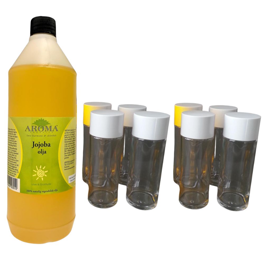 1 liter jojobaolja + 8 flaskor 125 ml + 8 Jojoba-etiketter