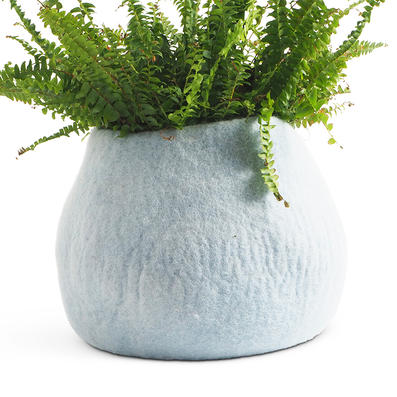 Arctic blue handmade flower pots in 100% wool, large size that are waterproof thanks to their natural rubber treatment on the inside of the pot.