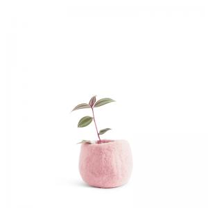 Small rounded flower pot in pink made of wool.