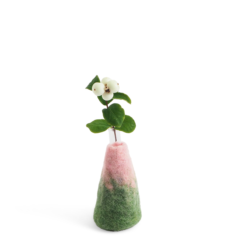 Medium sized pink and green ombre vase made of wool with a glass for the flowers.