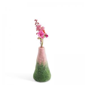 Large pink and green ombre vase made of wool with a glass for the flowers.