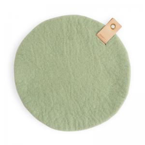 Sage green seat cushions made with naturally dyed wool with a detail in Swedish leather that is refined through vegetable tanning and is eco certified.