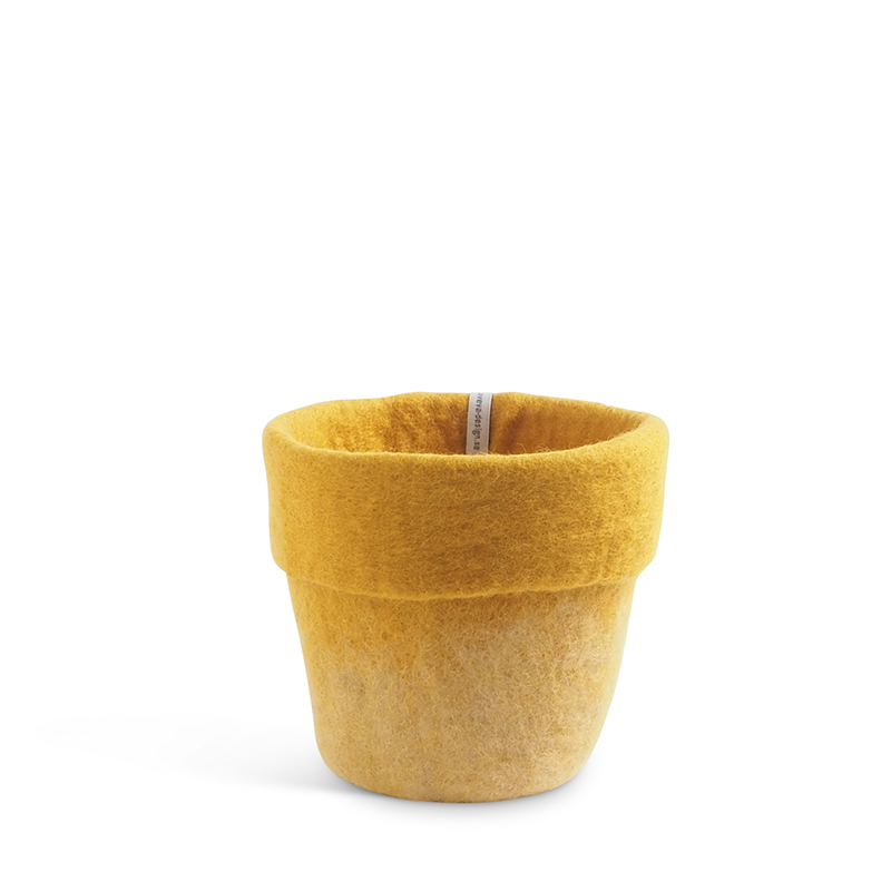 Medium flower pot made of wool in ochre color.