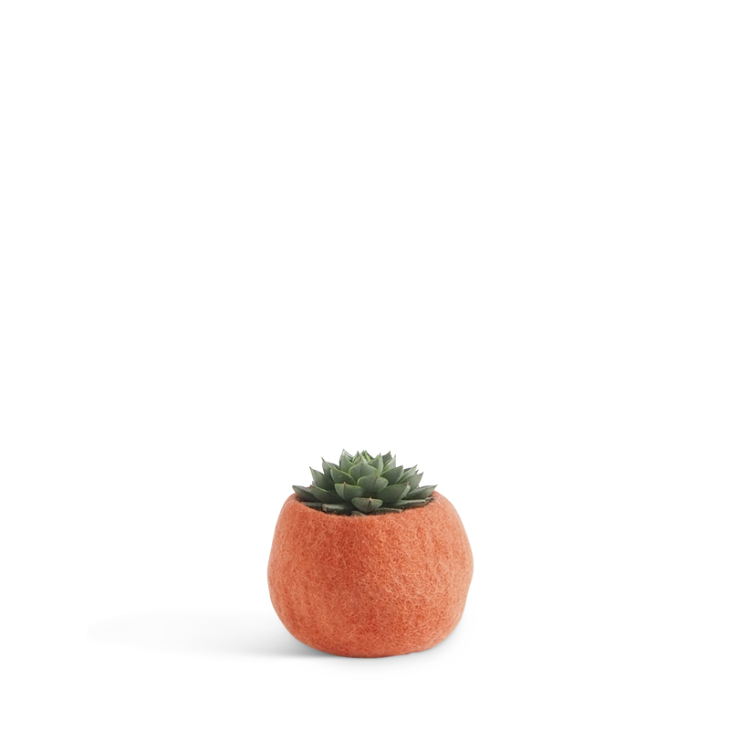 Small rounded flower pot in color terracotta, made of wool.