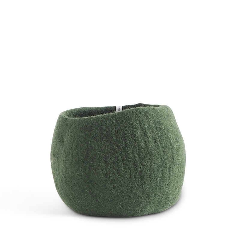 Medium rounded flower pot in color moss green, made of wool.