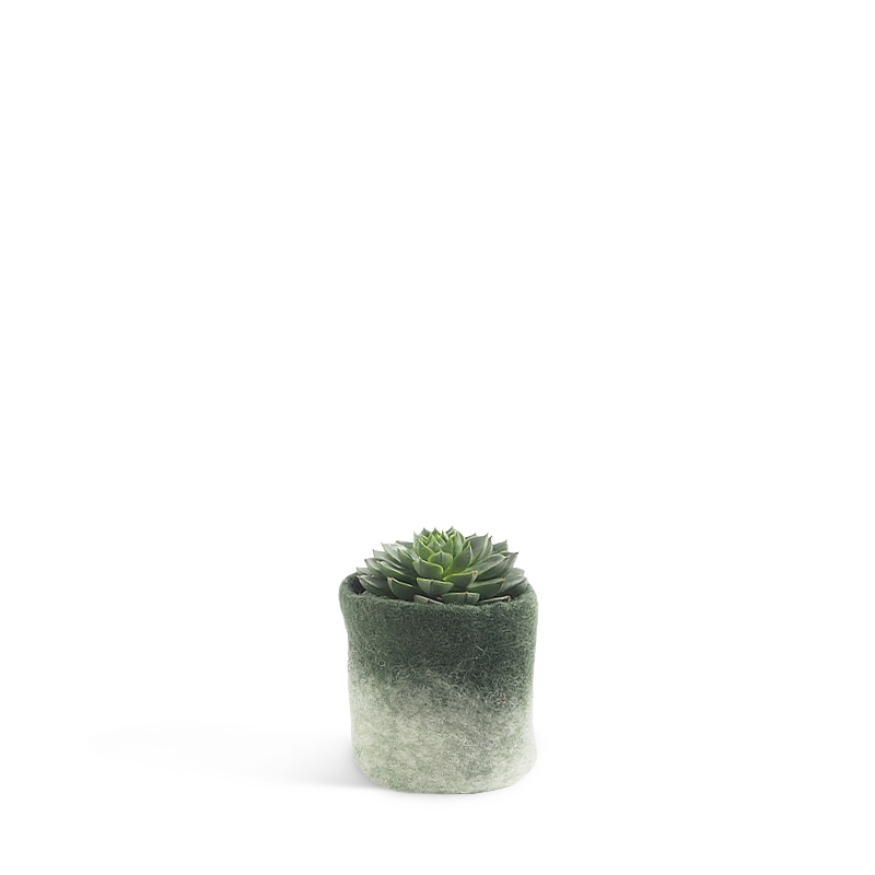 Small flower pot in moss green and white, made of wool with ombre effect with a plant inside.