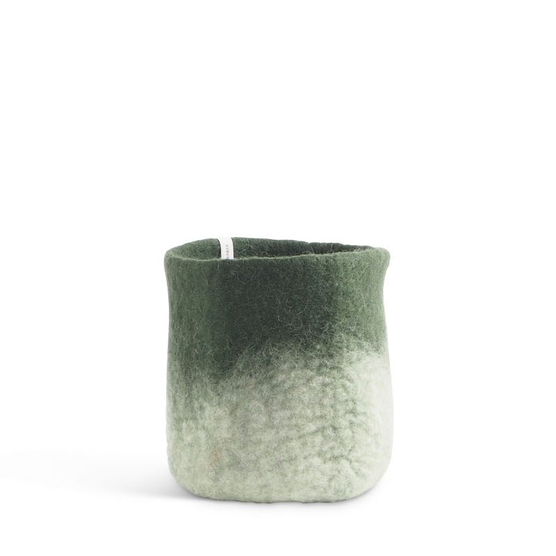 Medium flower pot in moss green and white, made of wool with ombre effect.