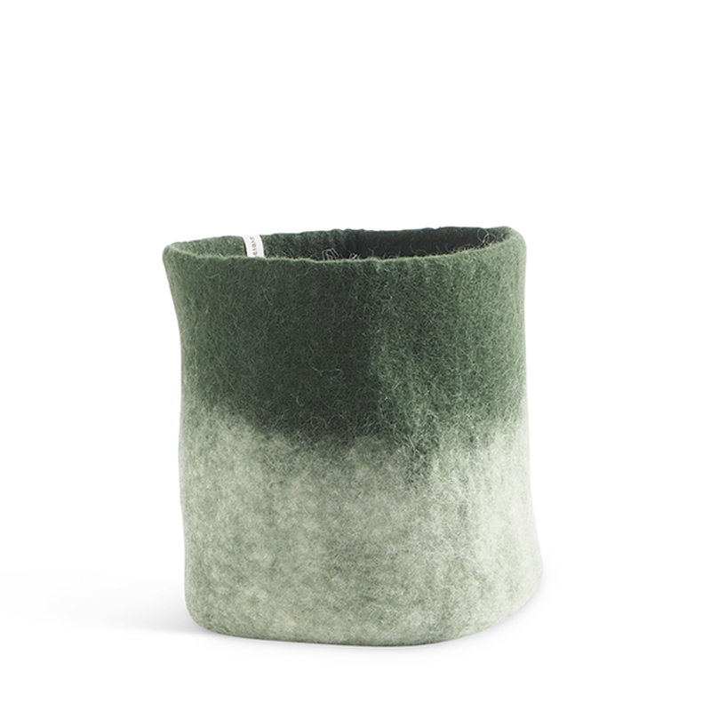 Large flower pot in moss green and white, made of wool with ombre effect.