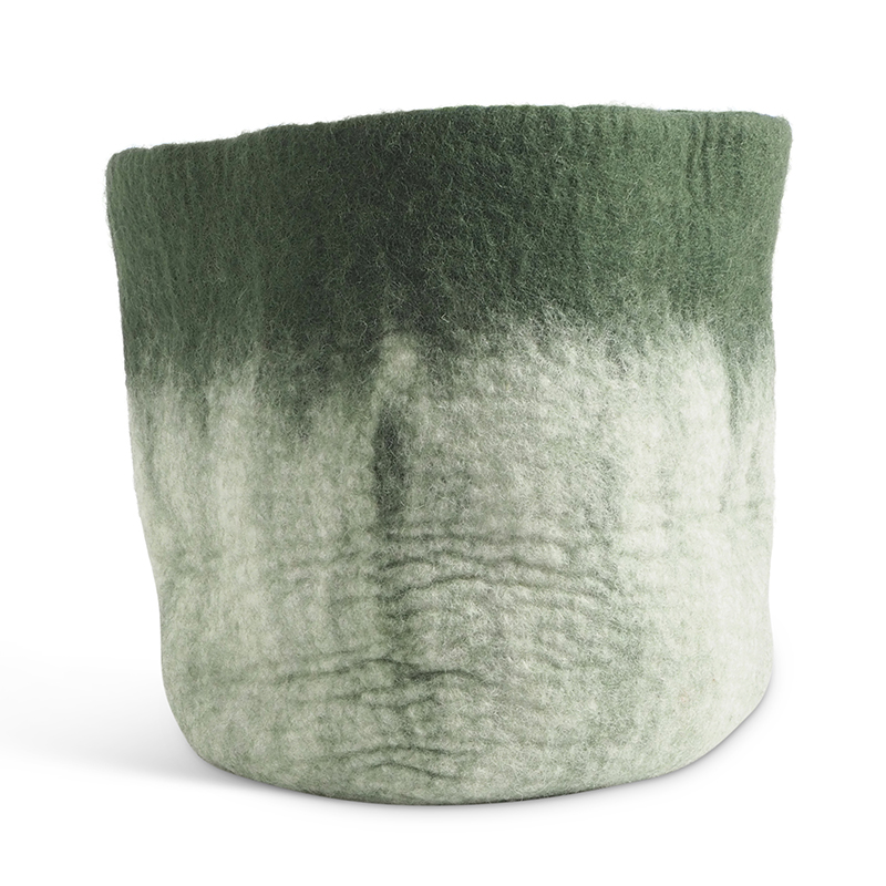 Large flower pot in moss green and white made of wool with ombre effect.