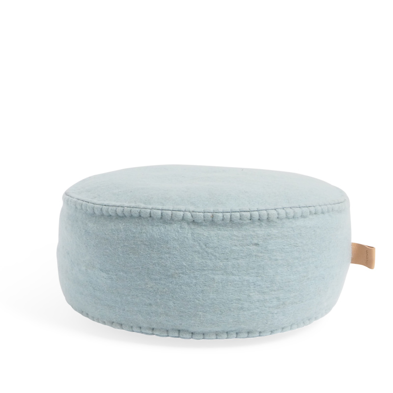 Arctic Blue Handmade floor dots in 100% wool  and organic leather tag at Aveva Design. Filled with dinkel.