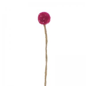 Snittblomma gjord av ull med lilaröd fluffig boll i toppen.
