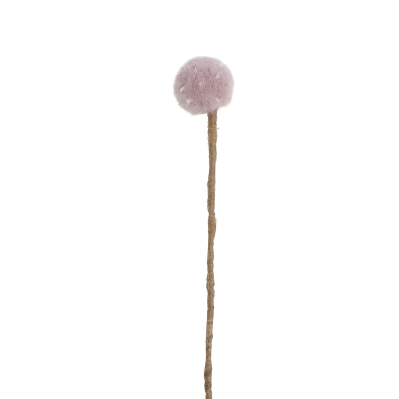 Snittblomma gjord av ull med lavendelfärgad fluffig boll i toppen.