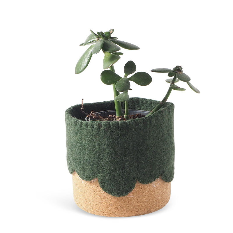 Green flowerpot in 100% wool and cork.