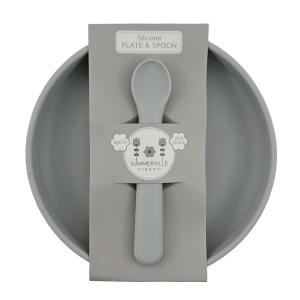 Plate and spoon silicone silver grey