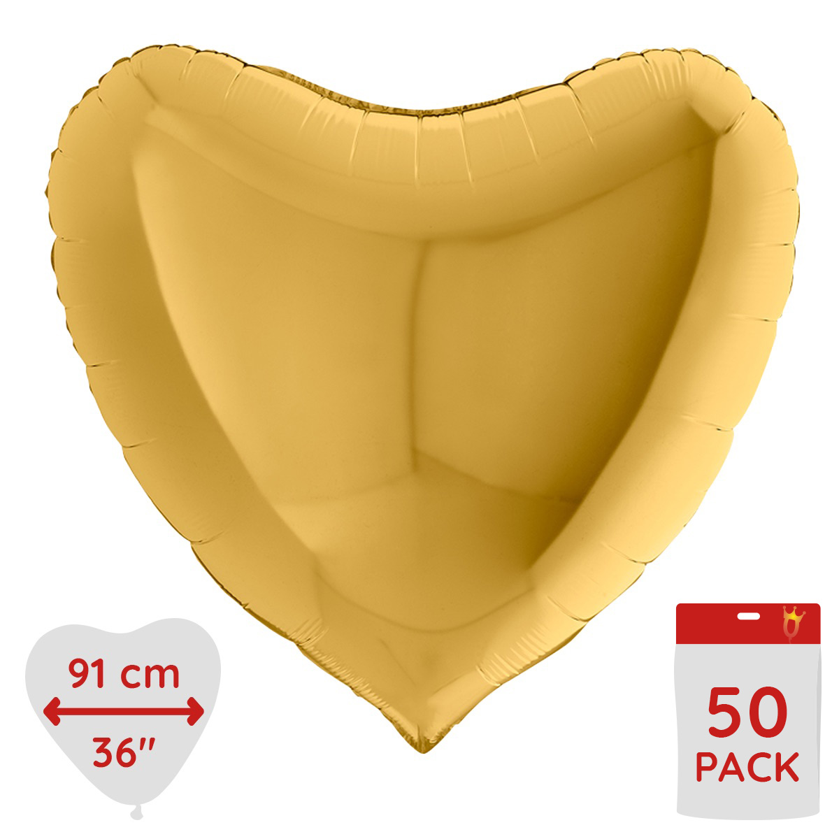 Folieballong - Hjärta Guld 91 cm Bulk 50-pack