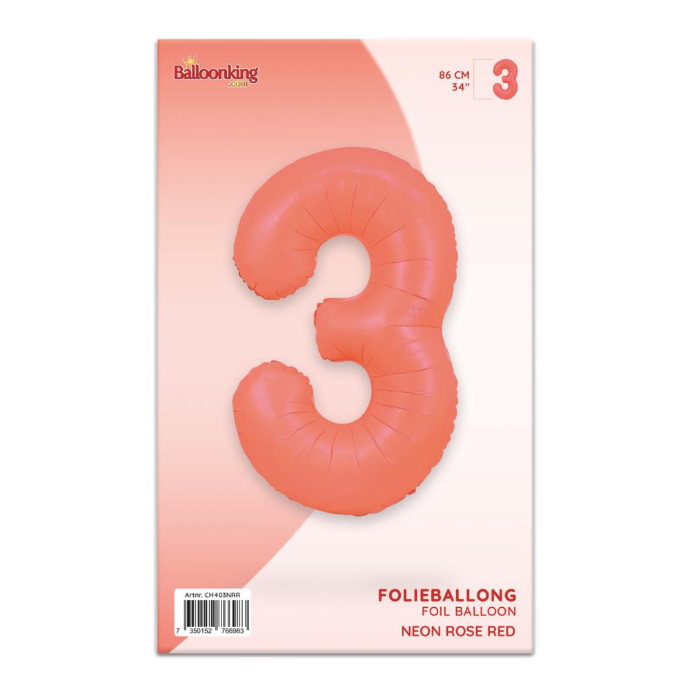 Ballongsiffra - Tre Neon Rose Red 86 cm
