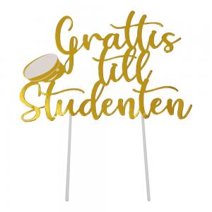 Cake topper i guld med texten "grattis till studenten"