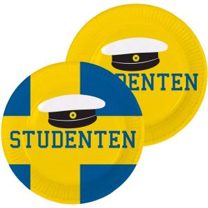 Blågula papperstallrikar med studentmotiv och texten "student"