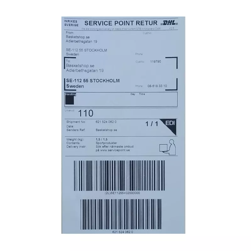 Returfraktsedel DHL Servicepoint Basketshop.se