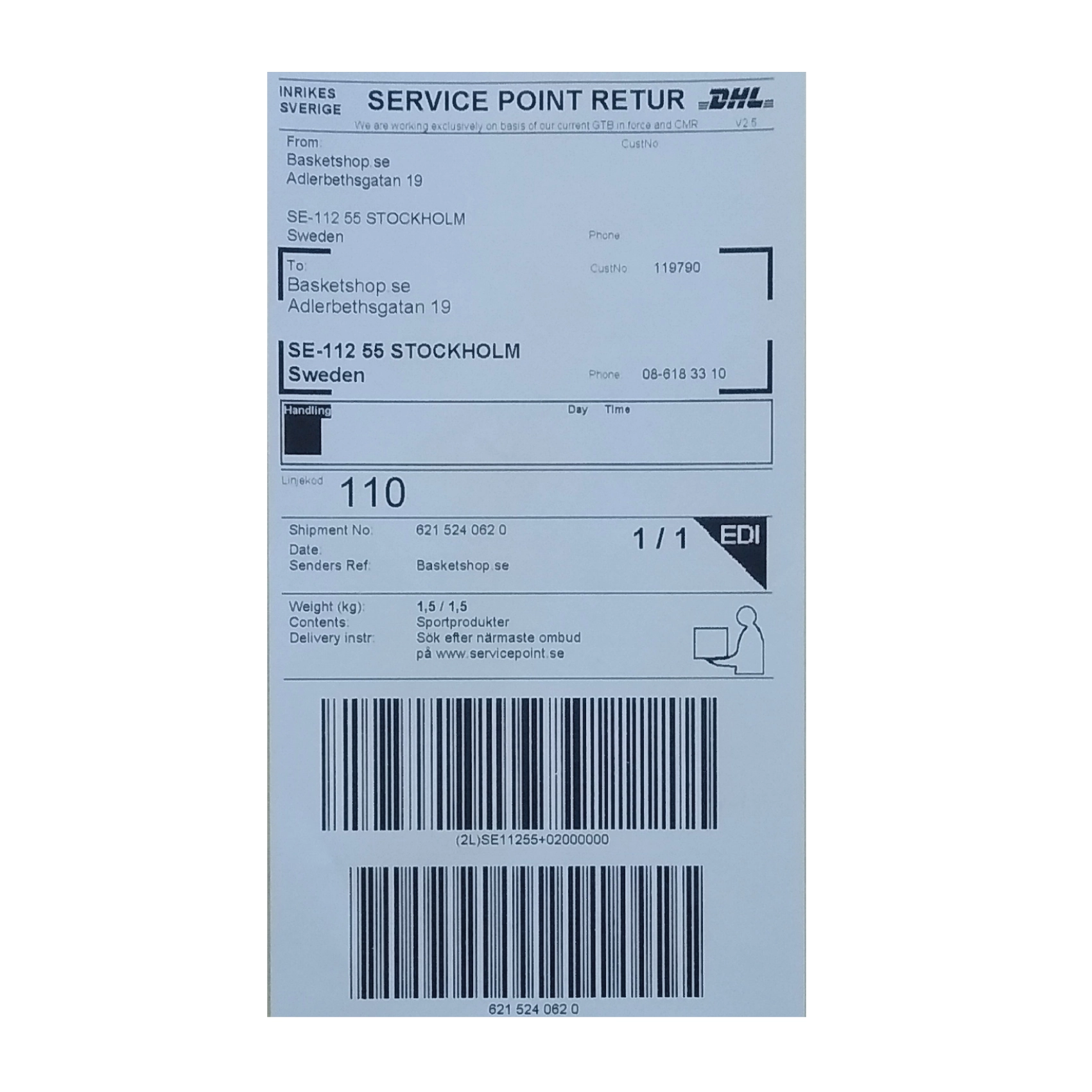 Returfraktsedel DHL Servicepoint Basketshop.se