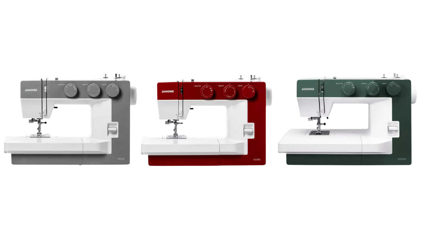 Janome 1522 i tre färger: röd, ljusgrå och mörkgrön