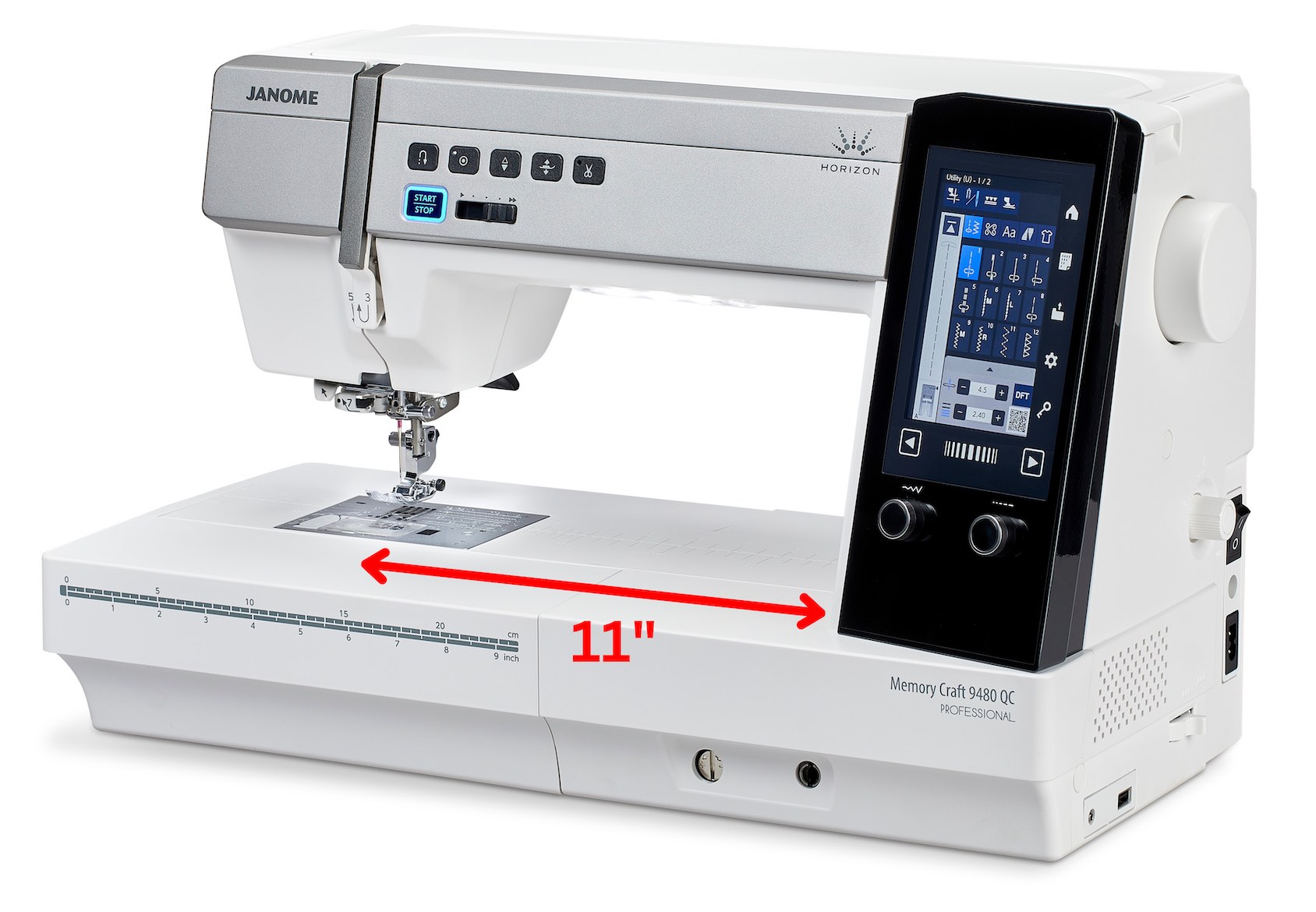 Janome 9480QCP med 28 cm (11 tum) arbetsyta till höger om nålen