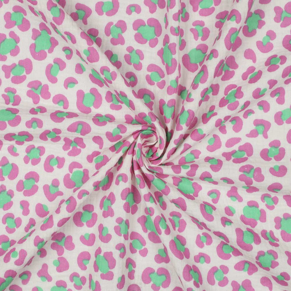 Muslin Leopard Ecru, rosa, mintgrön
