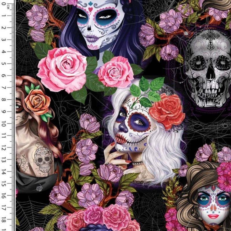 Bomullstrikå Sugar skulls och rosor