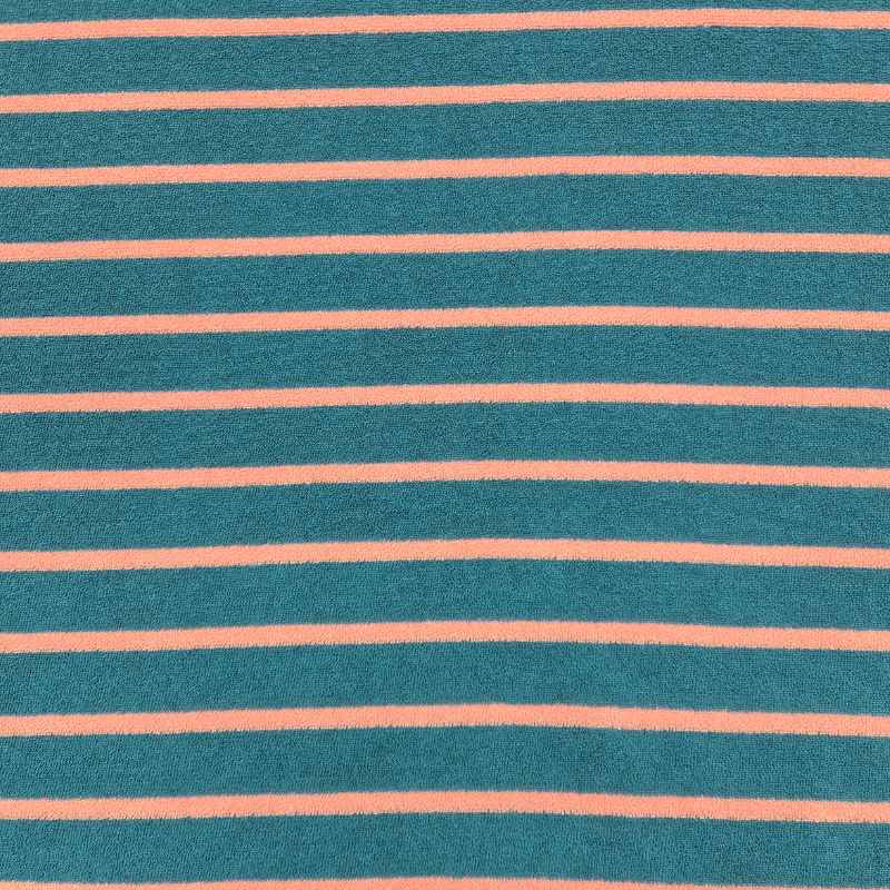 Frottétyg, randigt - Petrol/korall