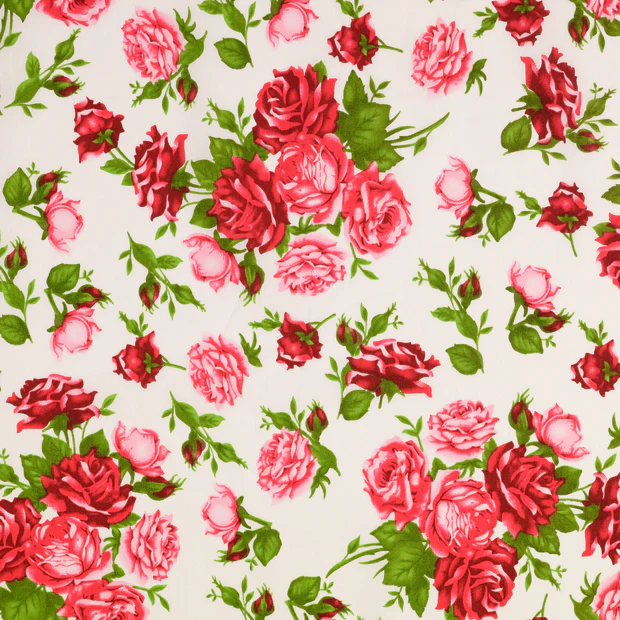 Bomullspoplin Röda och rosa rosor