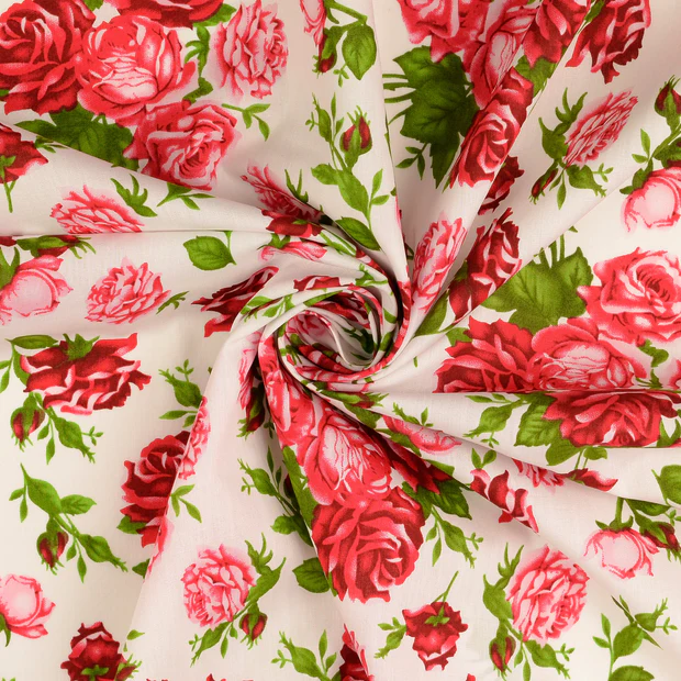 Bomullspoplin Röda och rosa rosor