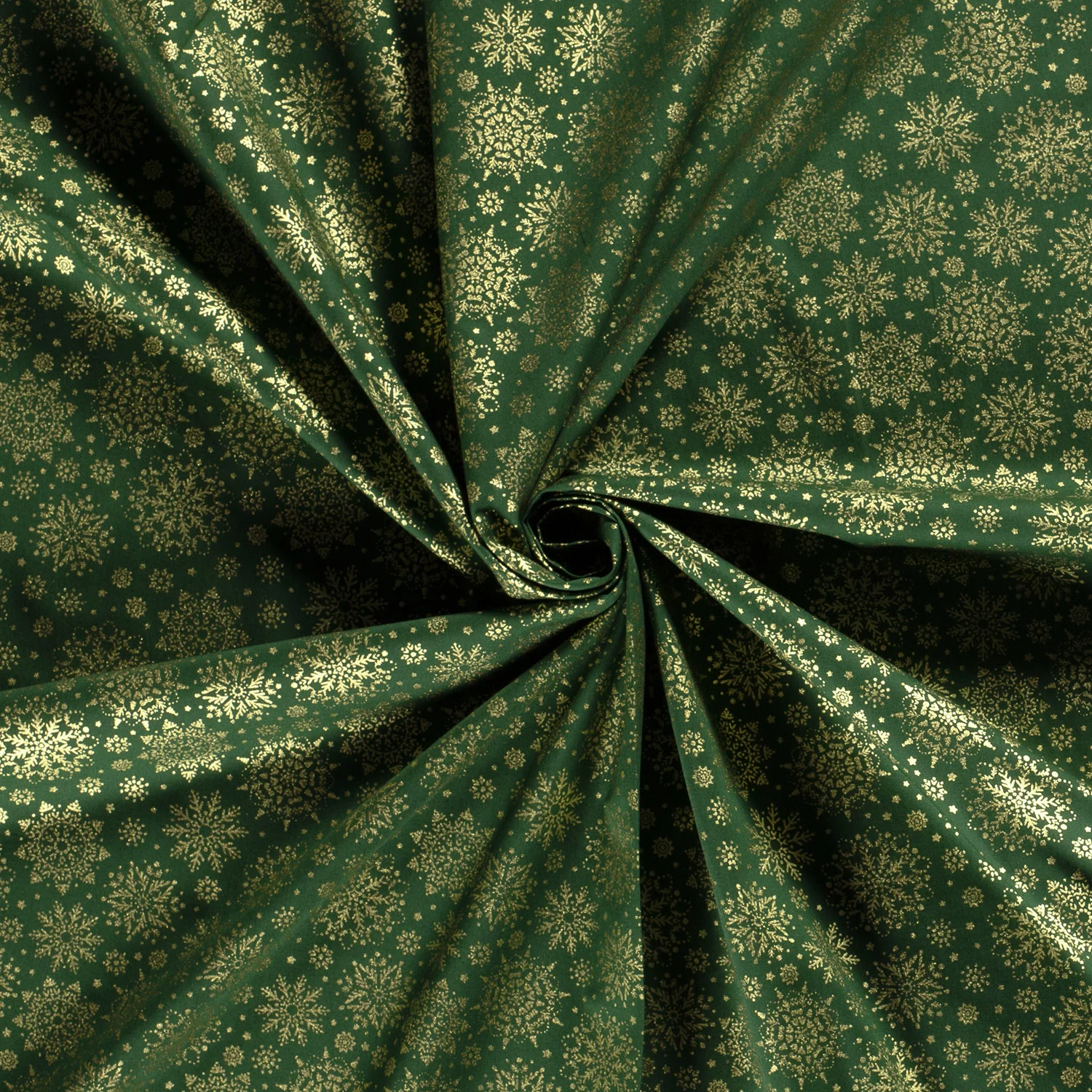 Folierad poplin Snöflingor Grön Guldfolie