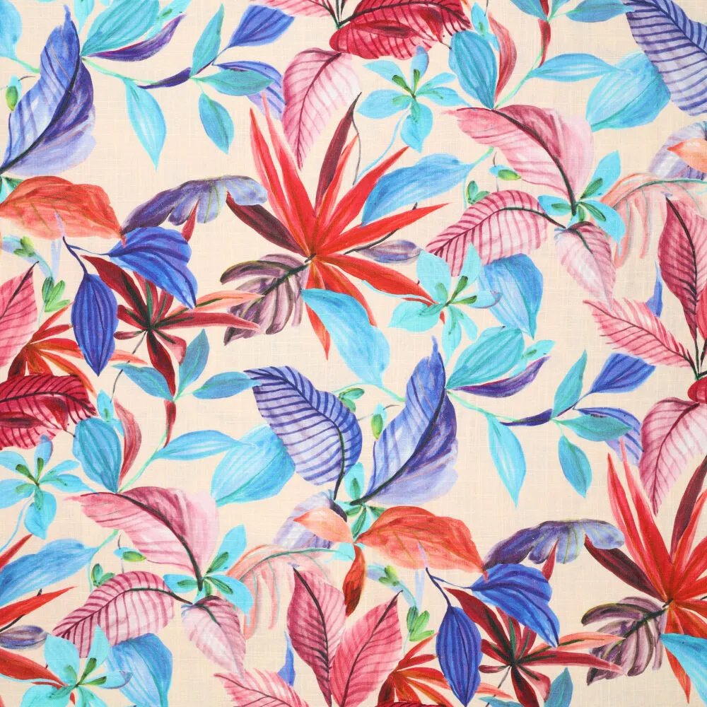 Linnemix med tropiskt bladtryck – 180 g/m²