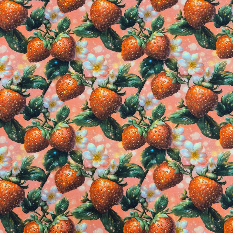 Trikåtyg, digitaltryckt – jordgubbar på korall