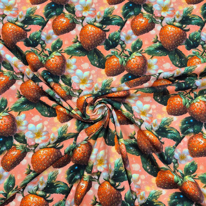 Trikåtyg, digitaltryckt – jordgubbar på korall