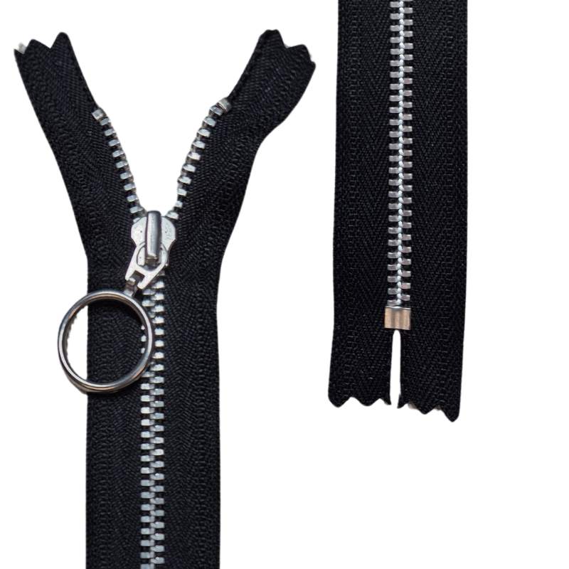 YKK blixtlås med ring, 4 mm silverfärgad metall - svart