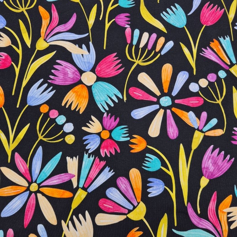 Trikå Flowerpop blommor svart, 150 cm, 95% bomull