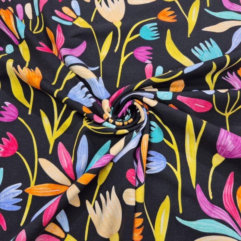 Trikå Flowerpop blommor svart, 150 cm, 95% bomull